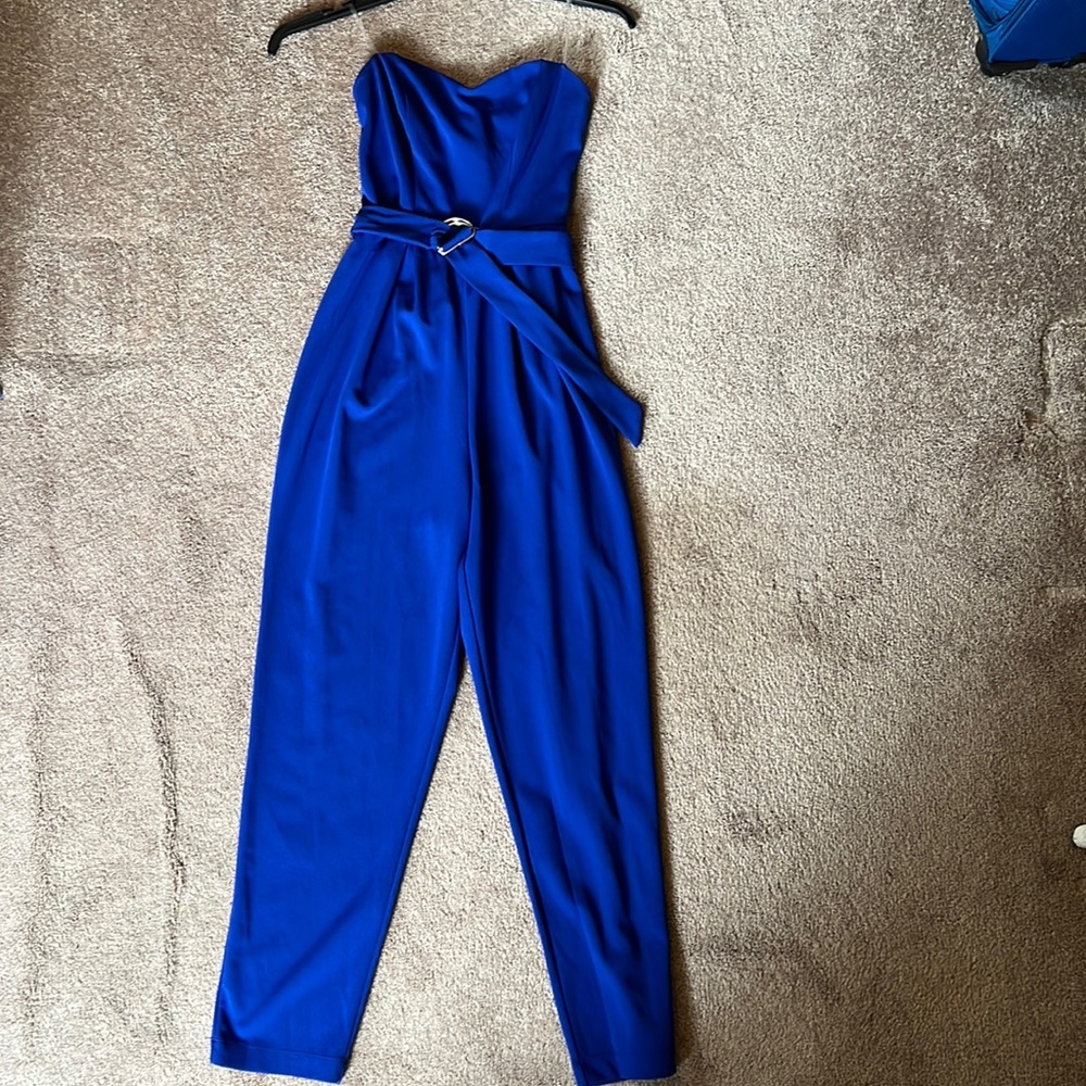 Blue strapless romper.